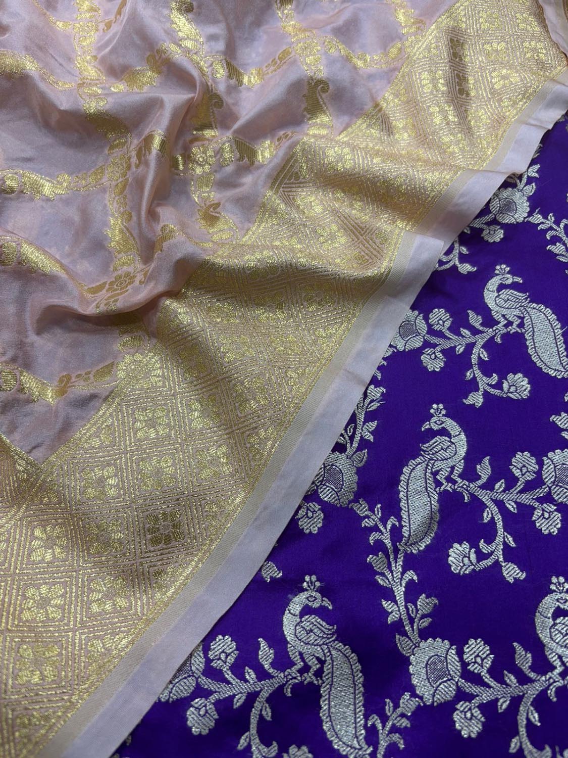 Purple Banarasi Mashru Silk Peacock And Flower Design Suit With Pink Banarasi Silk Dupatta - Luxurion World