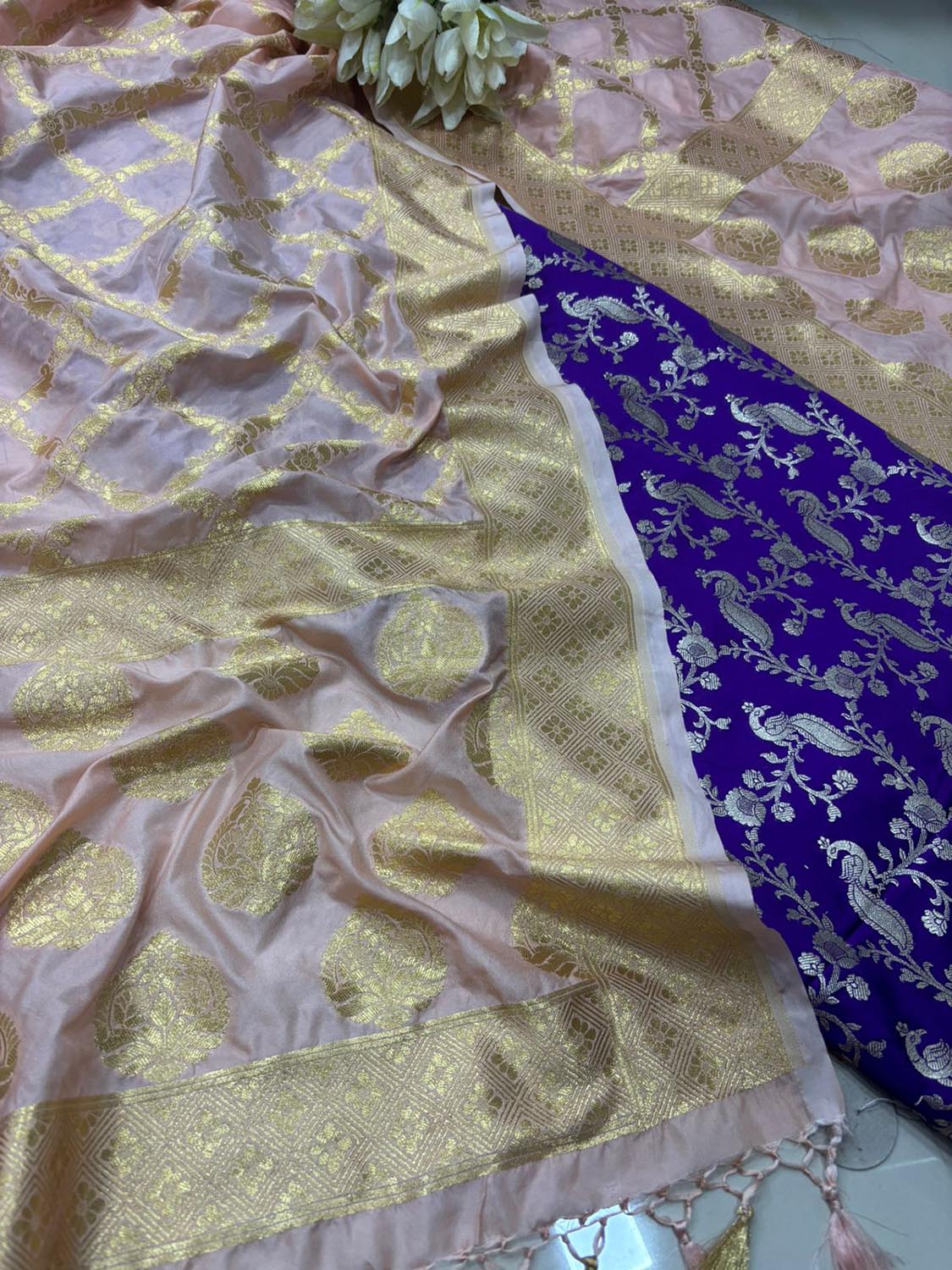 Purple Banarasi Mashru Silk Peacock And Flower Design Suit With Pink Banarasi Silk Dupatta - Luxurion World