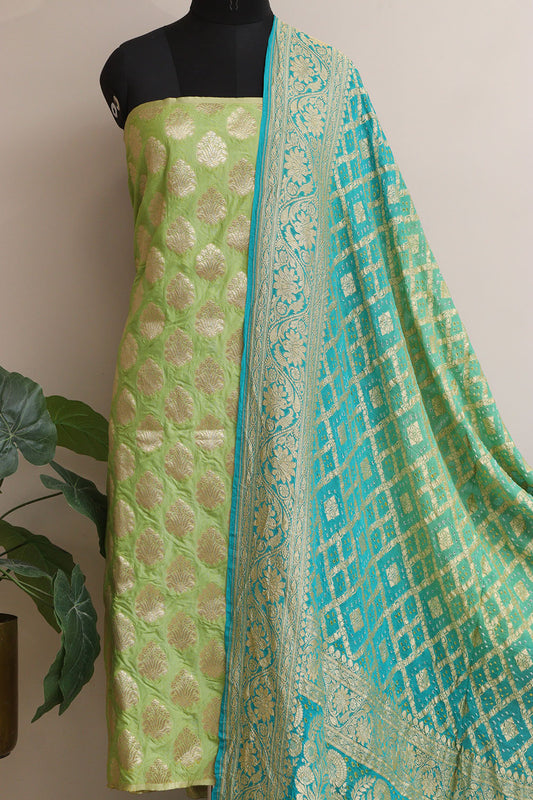 Green Banarasi Silk Suit With Blue & Green Banarasi Bandhani Pure Georgette Dupatta - Luxurion World