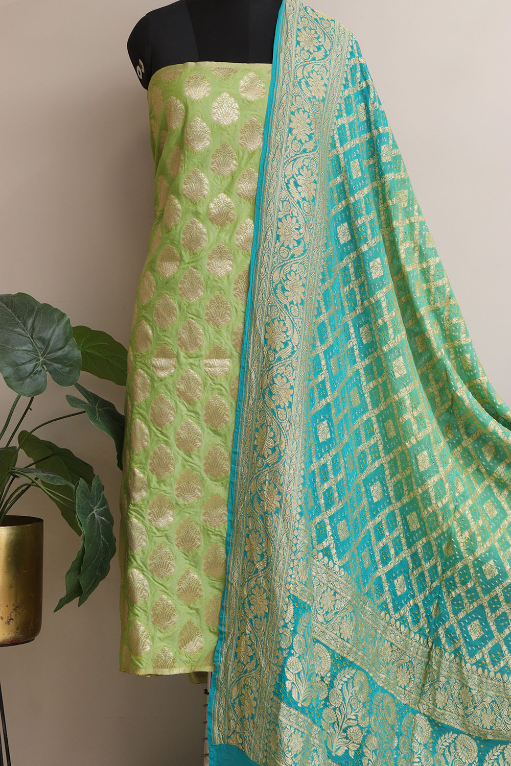 Green Banarasi Silk Suit With Blue & Green Banarasi Bandhani Pure Georgette Dupatta - Luxurion World