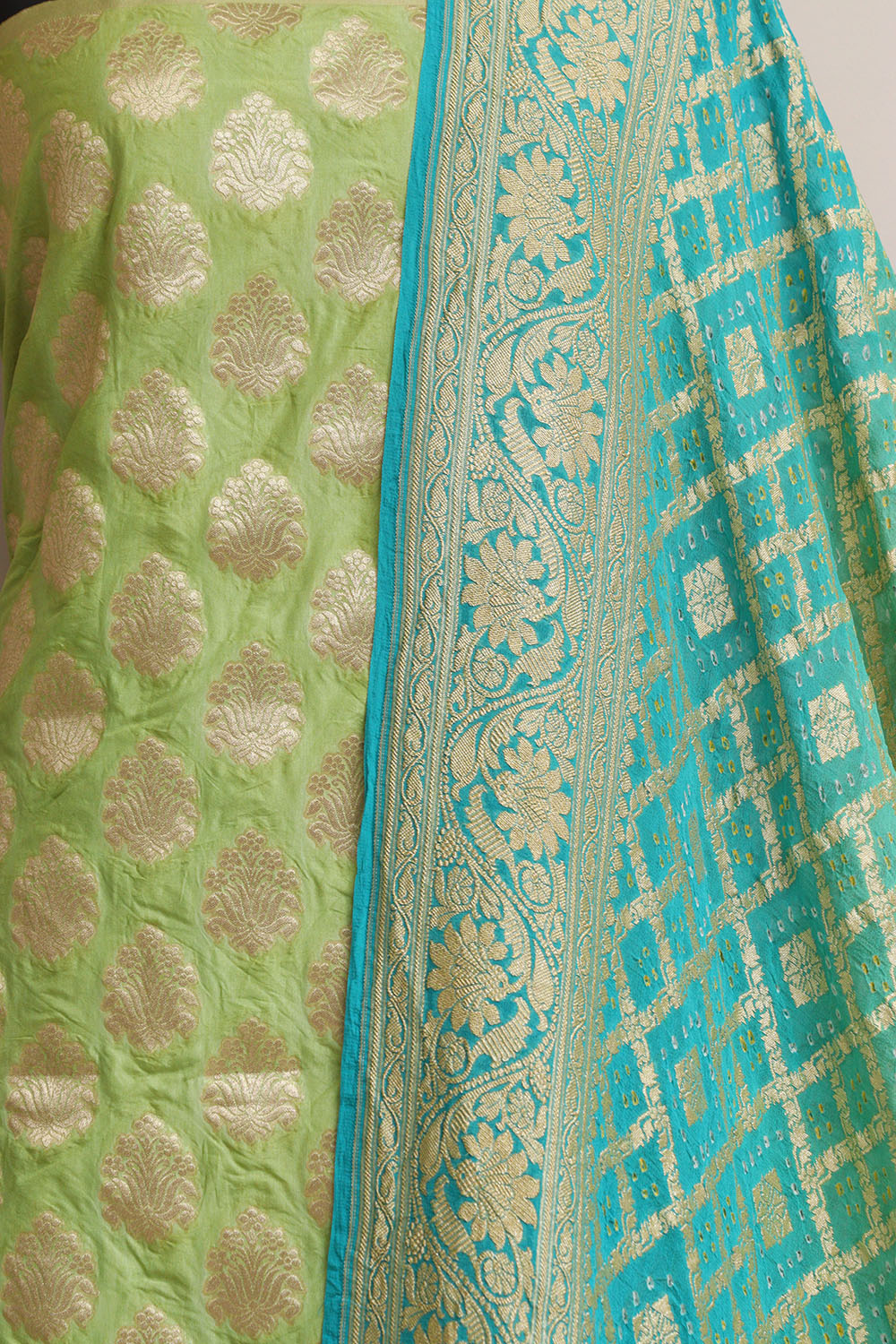Green Banarasi Silk Suit With Blue & Green Banarasi Bandhani Pure Georgette Dupatta - Luxurion World