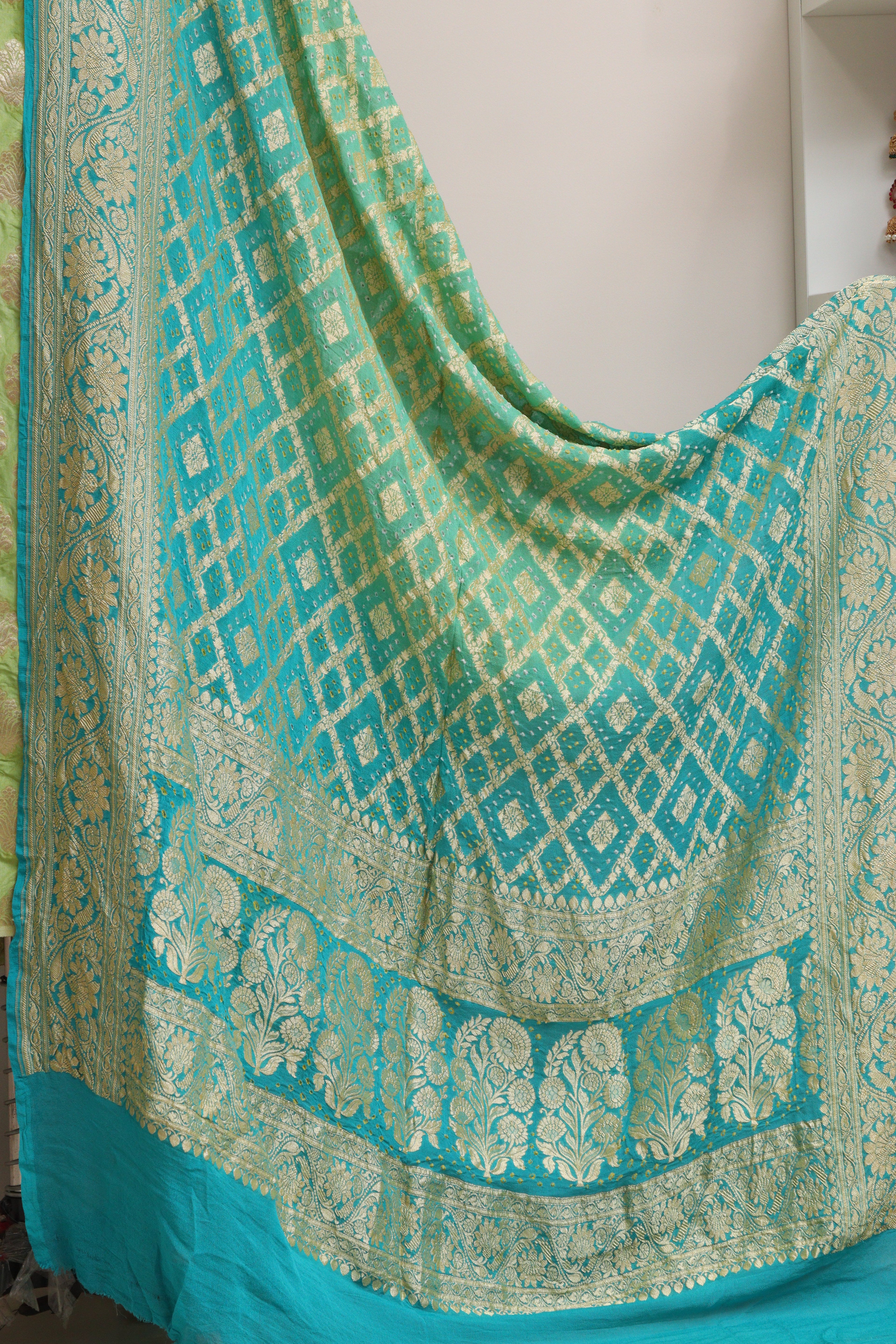 Green Banarasi Silk Suit With Blue & Green Banarasi Bandhani Pure Georgette Dupatta - Luxurion World