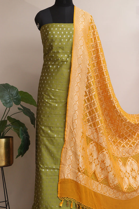 Green Banarasi Silk Small Booti Design Suit With Yellow Banarasi Bandhani Pure Georgette Dupatta - Luxurion World
