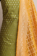 Green Banarasi Silk Small Booti Design Suit With Yellow Banarasi Bandhani Pure Georgette Dupatta - Luxurion World