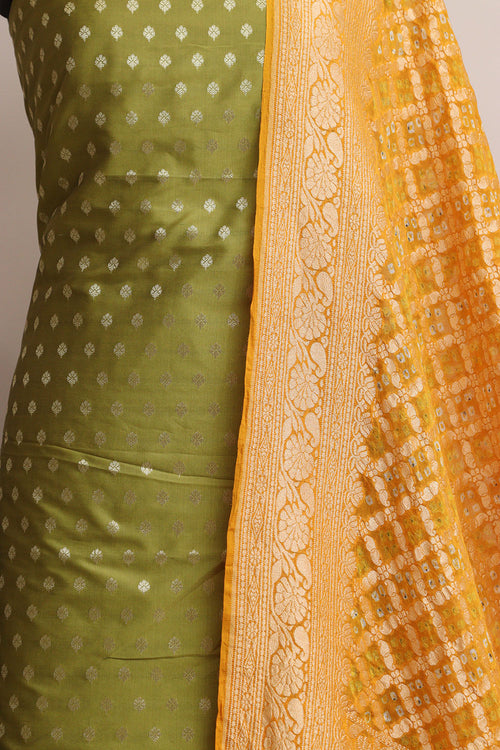 Green Banarasi Silk Small Booti Design Suit With Yellow Banarasi Bandhani Pure Georgette Dupatta - Luxurion World