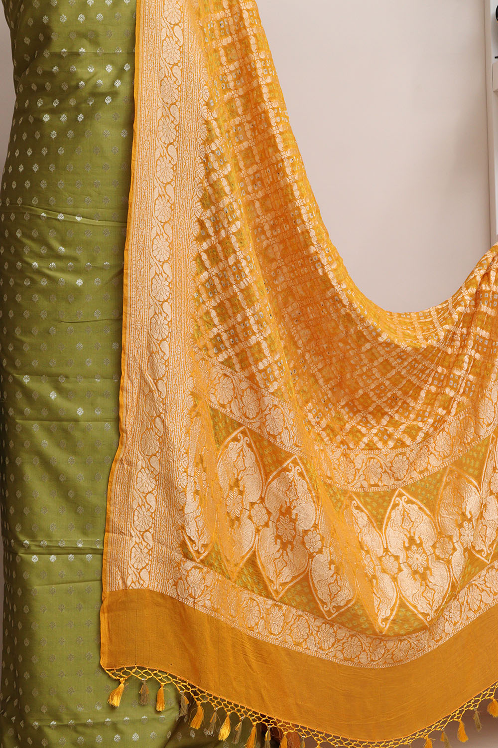 Green Banarasi Silk Small Booti Design Suit With Yellow Banarasi Bandhani Pure Georgette Dupatta - Luxurion World