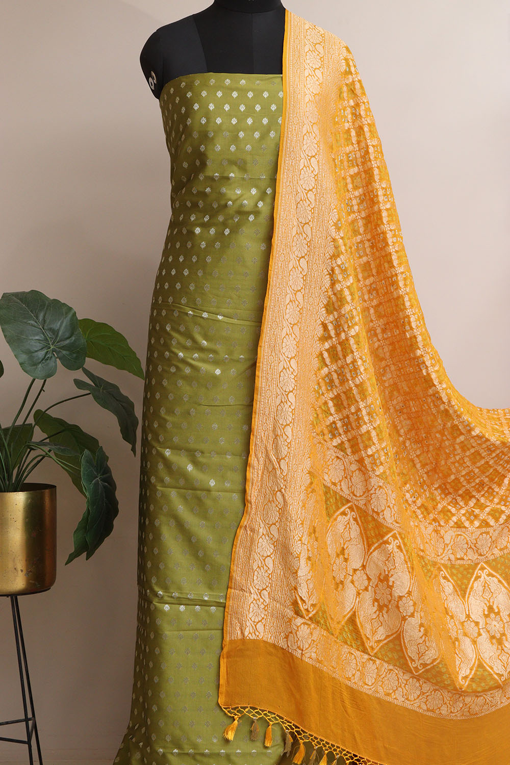 Green Banarasi Silk Small Booti Design Suit With Yellow Banarasi Bandhani Pure Georgette Dupatta - Luxurion World