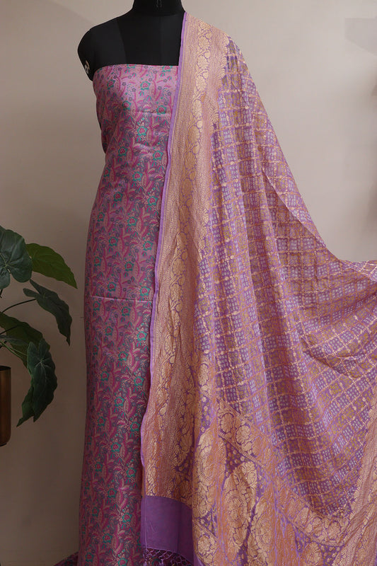 Elegant Purple Banarasi Silk Tanchui Suit With Purple Banarasi Bandhani Pure Georgette Dupatta - Luxurion World