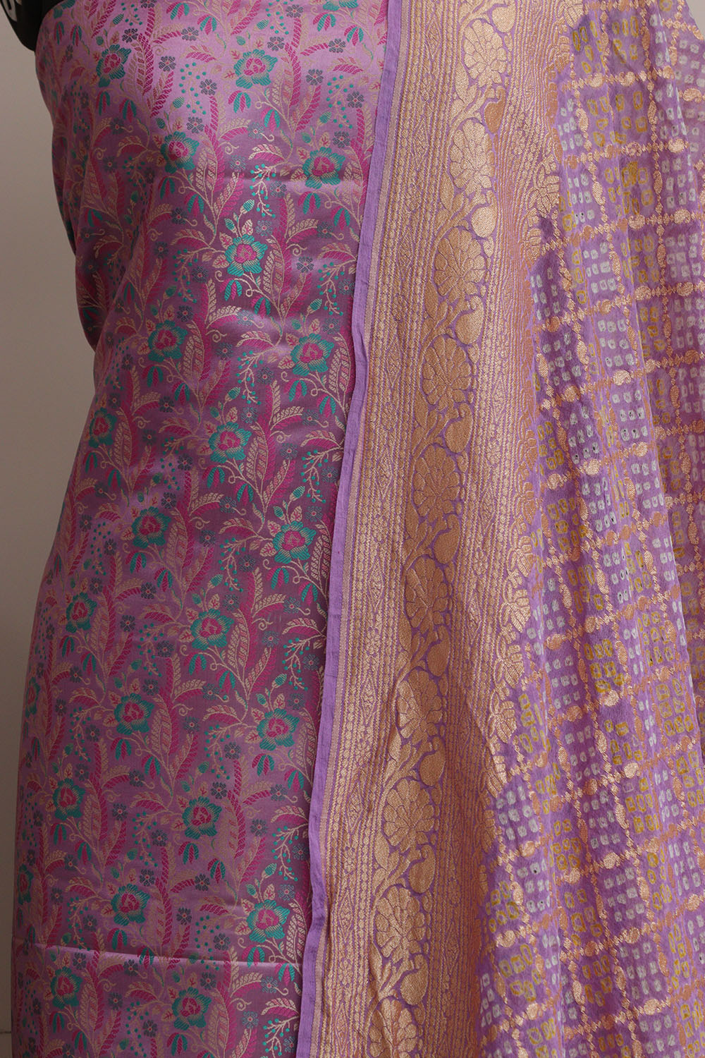 Elegant Purple Banarasi Silk Tanchui Suit With Purple Banarasi Bandhani Pure Georgette Dupatta - Luxurion World