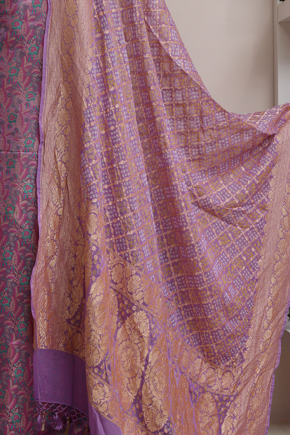 Elegant Purple Banarasi Silk Tanchui Suit With Purple Banarasi Bandhani Pure Georgette Dupatta - Luxurion World