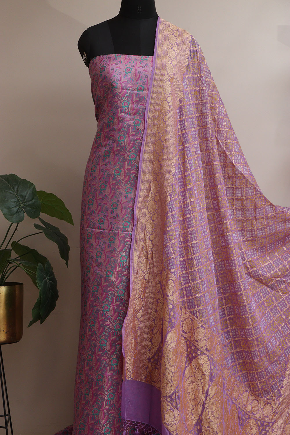 Elegant Purple Banarasi Silk Tanchui Suit With Purple Banarasi Bandhani Pure Georgette Dupatta - Luxurion World