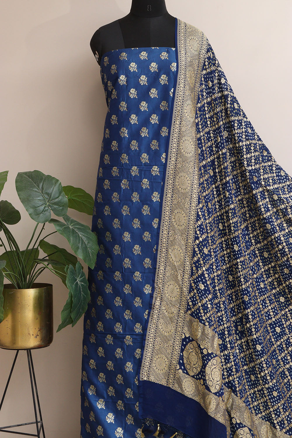 Blue Banarasi Silk Suit With Blue Banarasi Bandhani Pure Georgette Flower Design Dupatta - Luxurion World