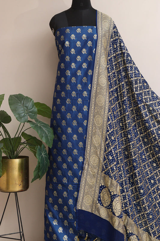 Blue Banarasi Silk Suit With Blue Banarasi Bandhani Pure Georgette Flower Design Dupatta - Luxurion World