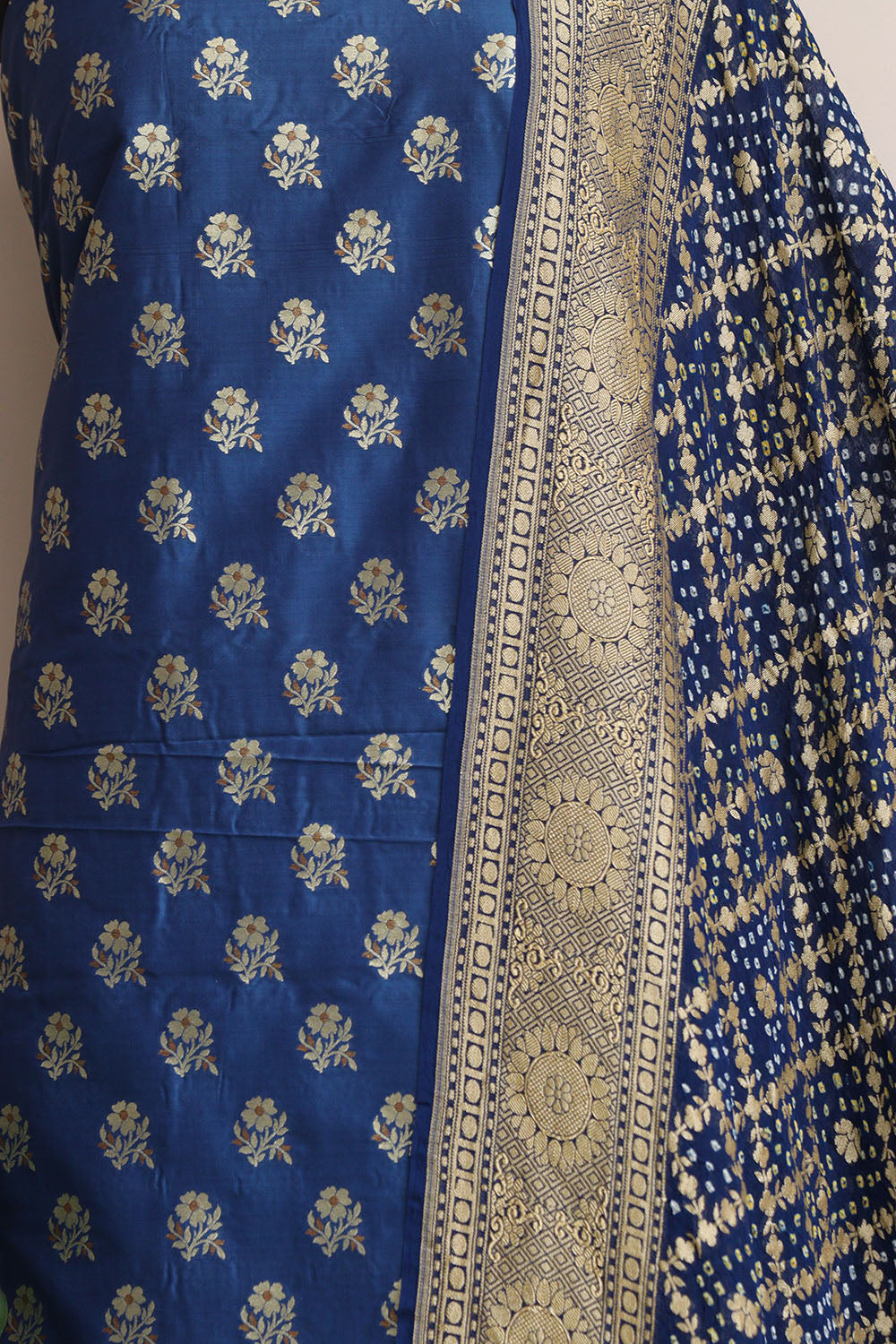 Blue Banarasi Silk Suit With Blue Banarasi Bandhani Pure Georgette Flower Design Dupatta - Luxurion World