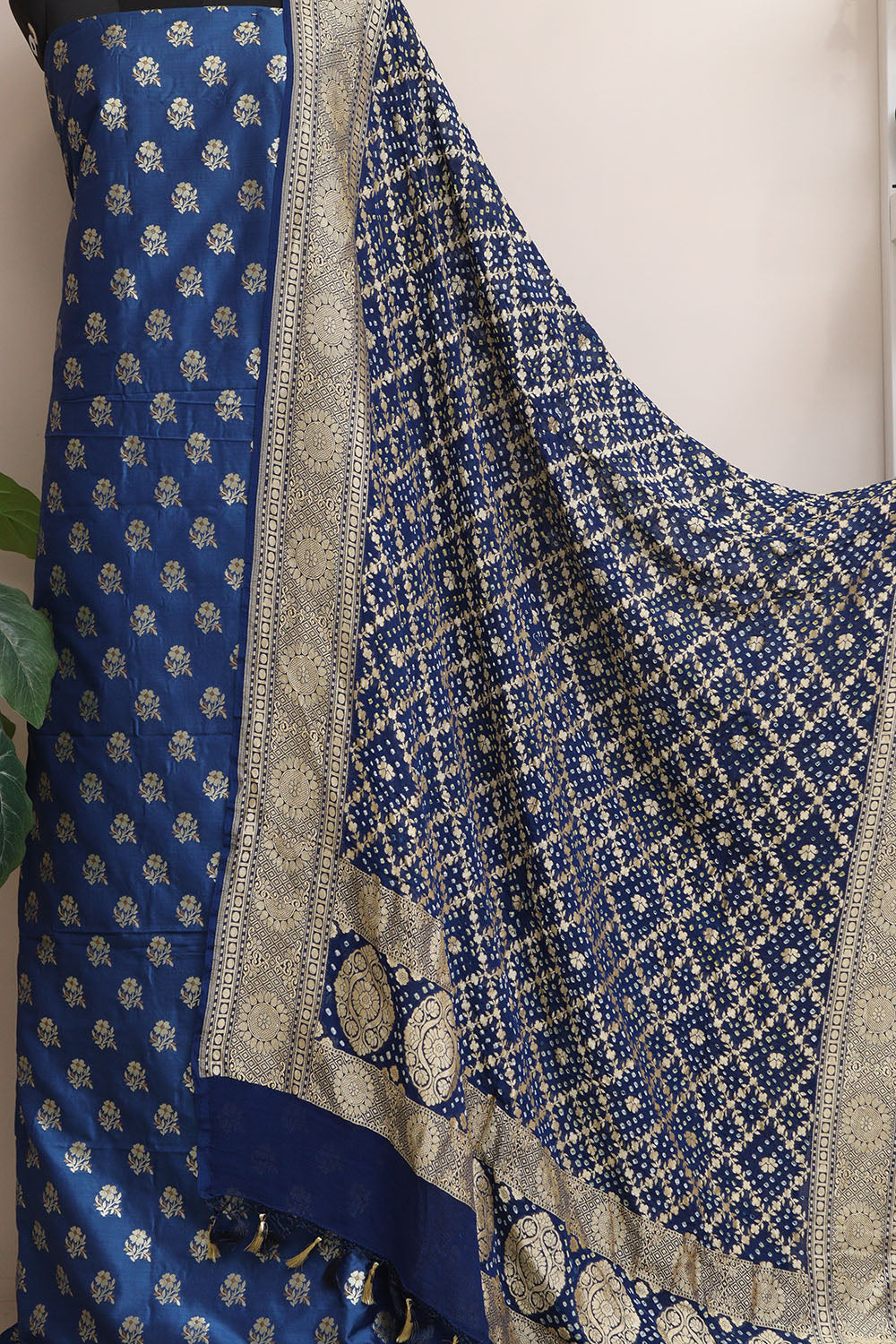 Blue Banarasi Silk Suit With Blue Banarasi Bandhani Pure Georgette Flower Design Dupatta - Luxurion World