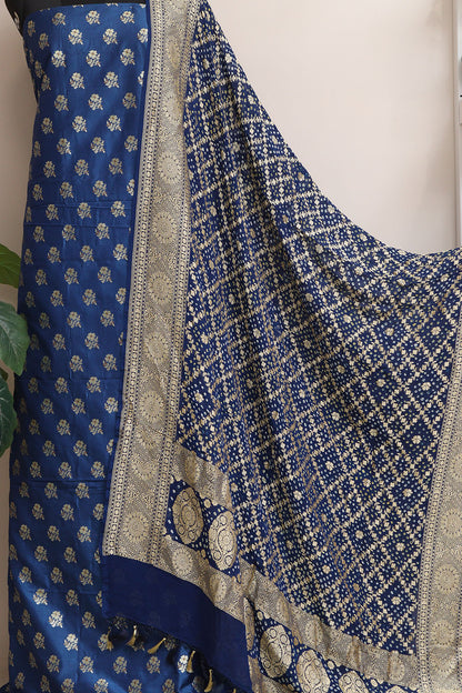 Blue Banarasi Silk Suit With Blue Banarasi Bandhani Pure Georgette Flower Design Dupatta - Luxurion World
