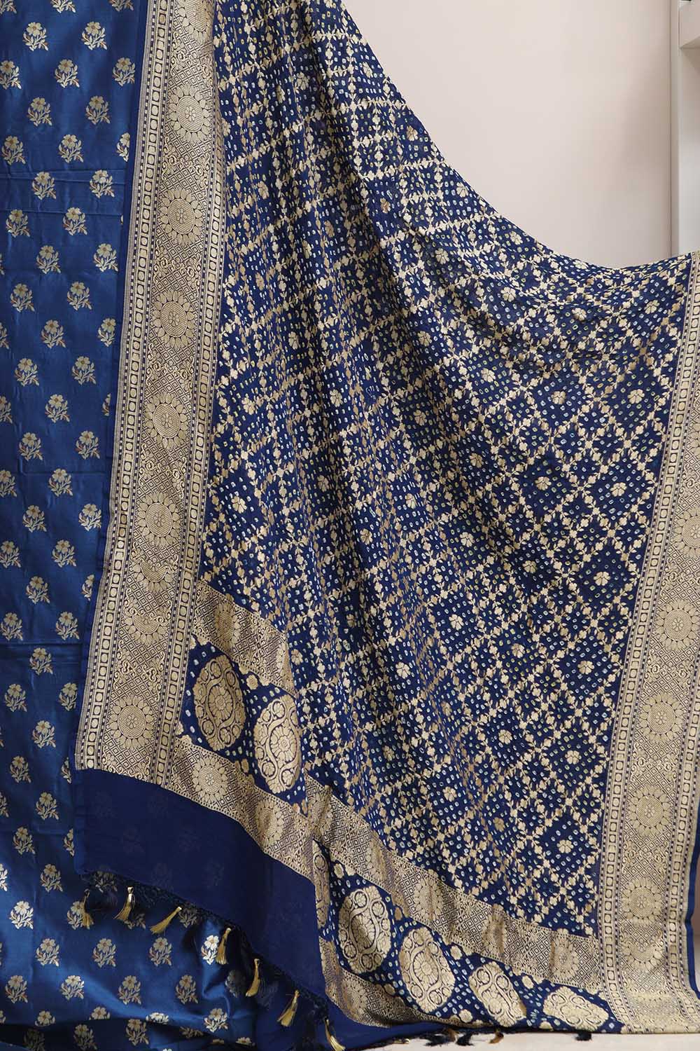 Blue Banarasi Silk Suit With Blue Banarasi Bandhani Pure Georgette Flower Design Dupatta - Luxurion World