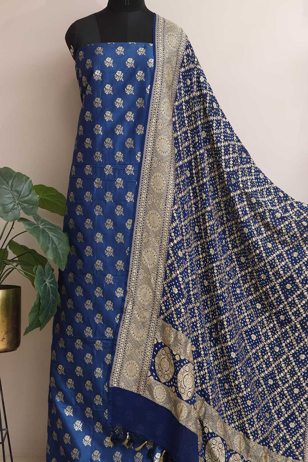 Blue Banarasi Silk Suit With Blue Banarasi Bandhani Pure Georgette Flower Design Dupatta - Luxurion World