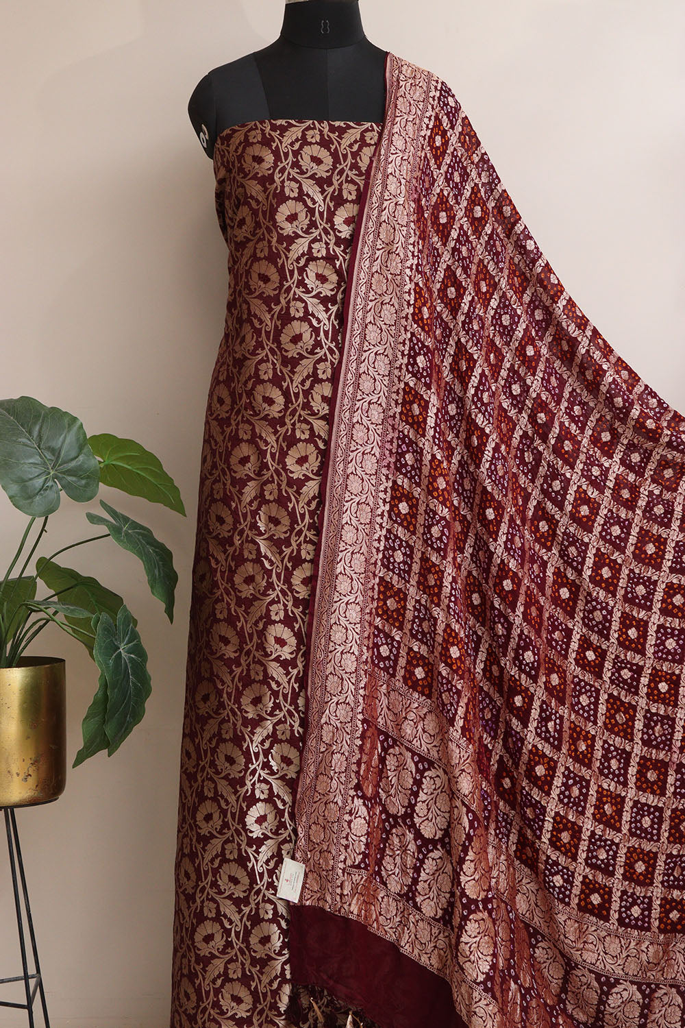 Elegant Brown Banarasi Silk Suit With Maroon Banarasi Bandhani Pure Georgette Dupatta - Luxurion World