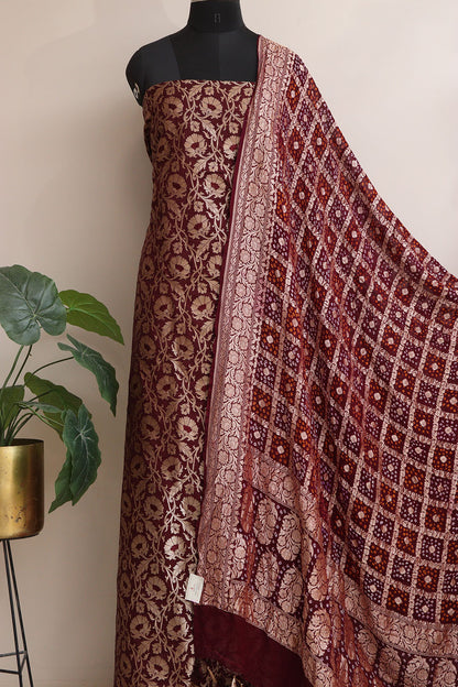 Elegant Brown Banarasi Silk Suit With Maroon Banarasi Bandhani Pure Georgette Dupatta - Luxurion World