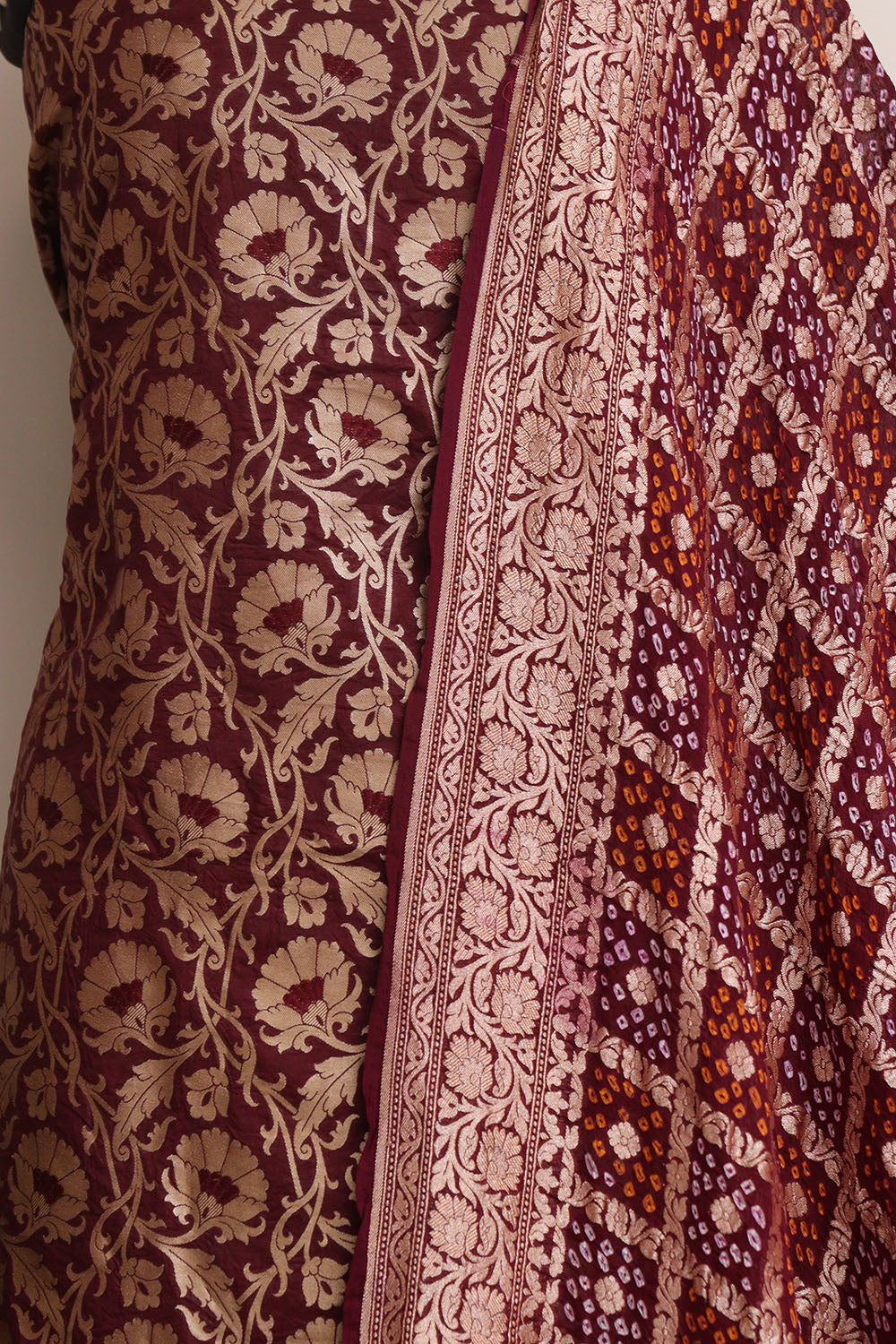 Elegant Brown Banarasi Silk Suit With Maroon Banarasi Bandhani Pure Georgette Dupatta - Luxurion World