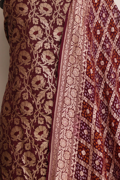Elegant Brown Banarasi Silk Suit With Maroon Banarasi Bandhani Pure Georgette Dupatta - Luxurion World