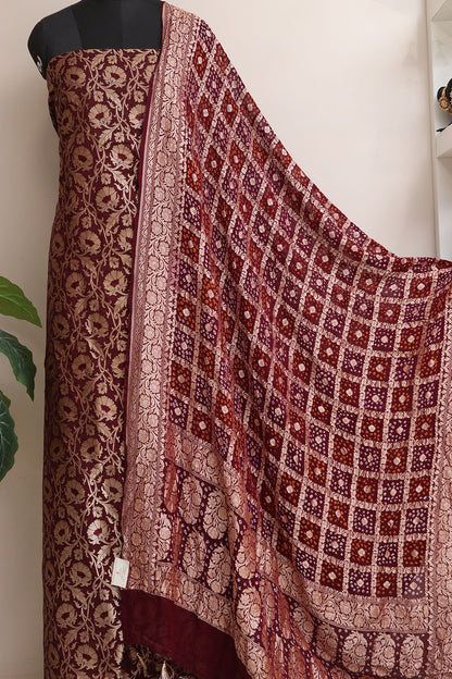Elegant Brown Banarasi Silk Suit With Maroon Banarasi Bandhani Pure Georgette Dupatta - Luxurion World