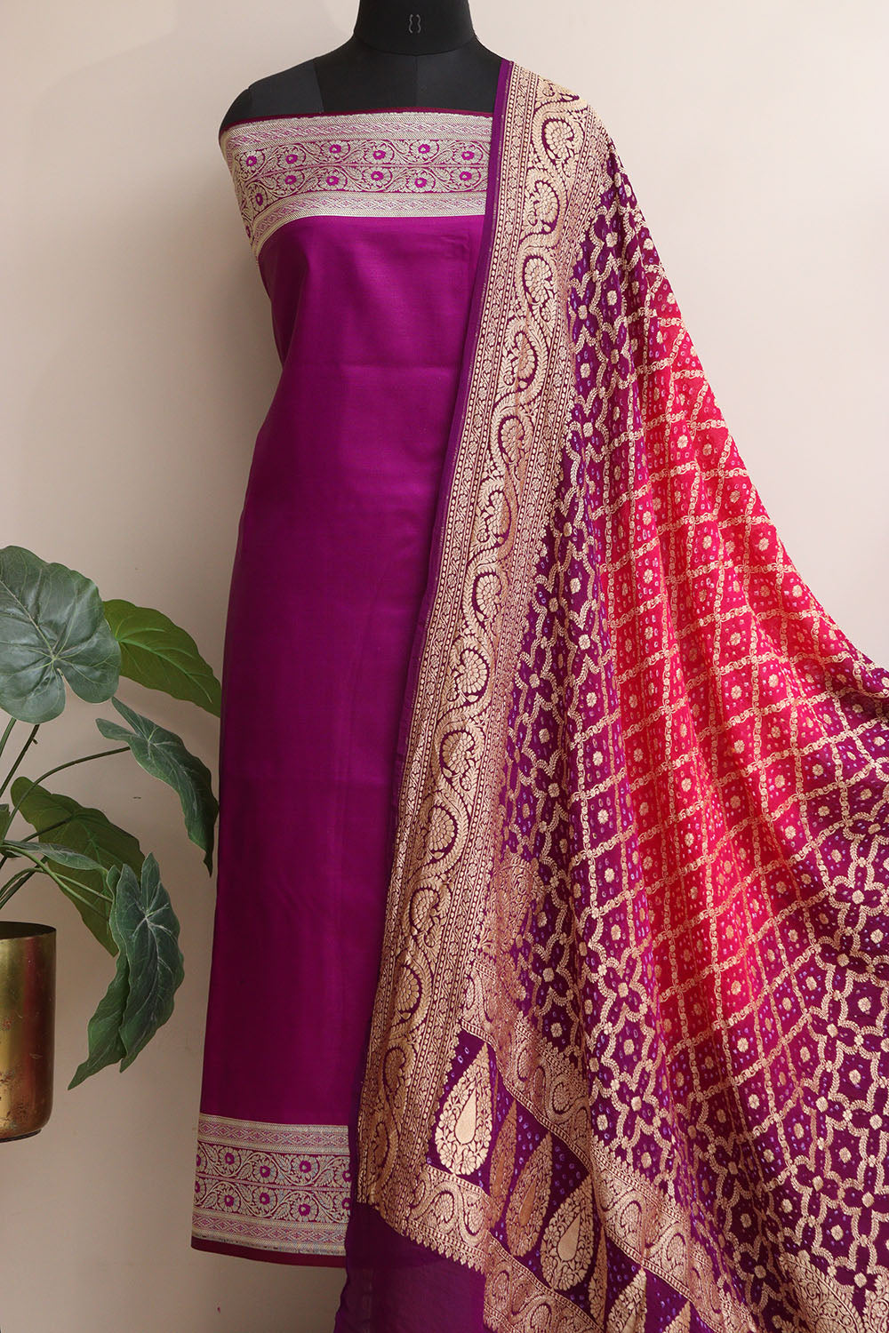 Elegant Purple Banarasi Mashru Silk Flower Design Suit With Pink & Purple Banarasi Bandhani Pure Georgette Dupatta - Luxurion World