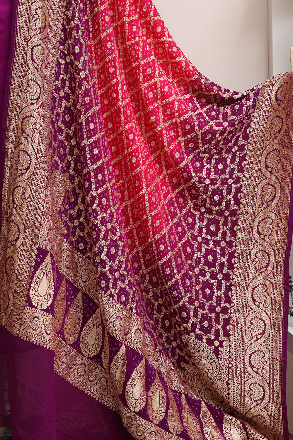 Elegant Purple Banarasi Mashru Silk Flower Design Suit With Pink & Purple Banarasi Bandhani Pure Georgette Dupatta - Luxurion World
