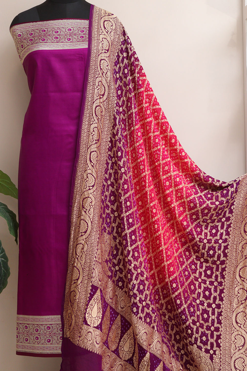 Elegant Purple Banarasi Mashru Silk Flower Design Suit With Pink & Purple Banarasi Bandhani Pure Georgette Dupatta - Luxurion World