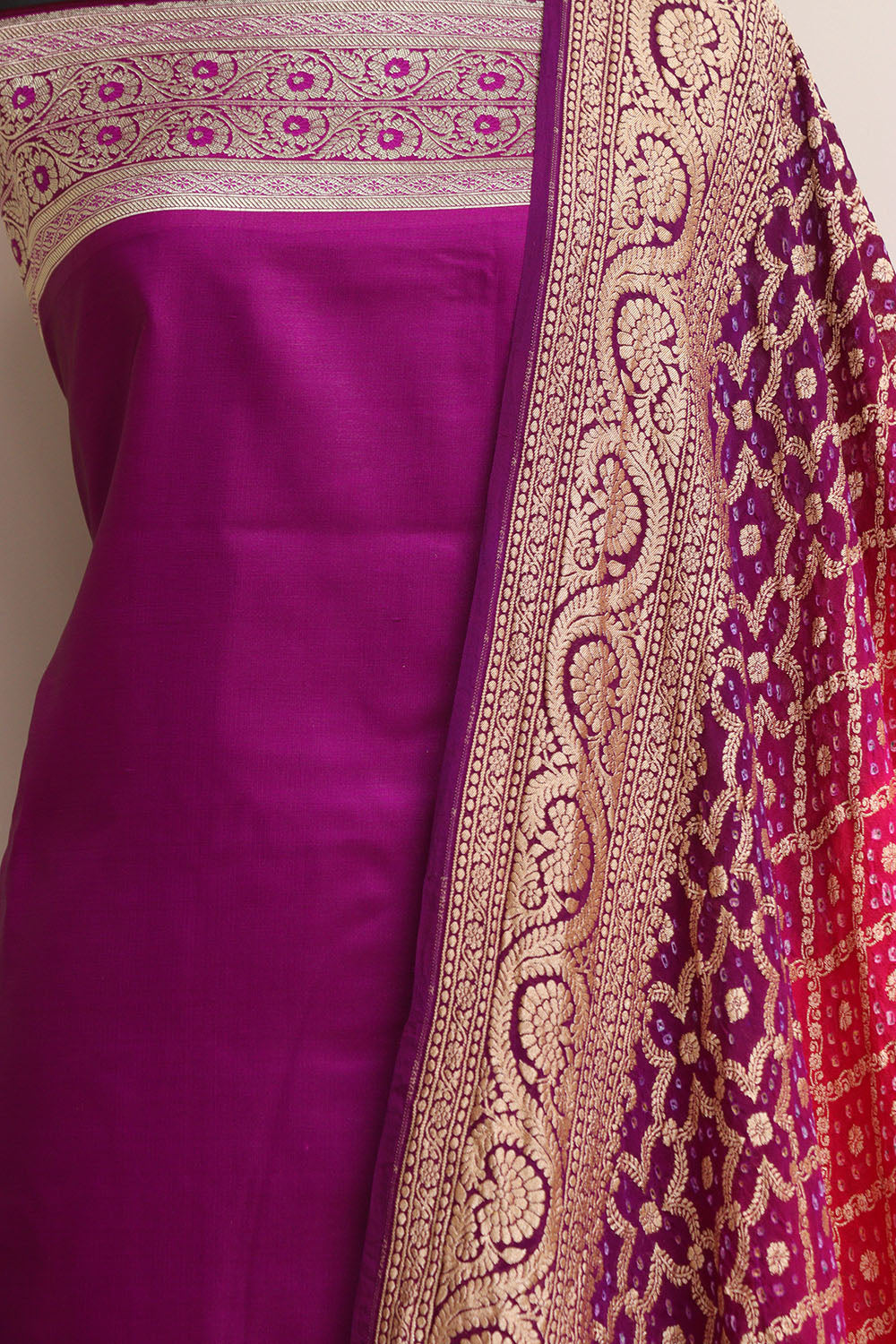 Elegant Purple Banarasi Mashru Silk Flower Design Suit With Pink & Purple Banarasi Bandhani Pure Georgette Dupatta - Luxurion World