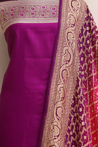 Elegant Purple Banarasi Mashru Silk Flower Design Suit With Pink & Purple Banarasi Bandhani Pure Georgette Dupatta - Luxurion World