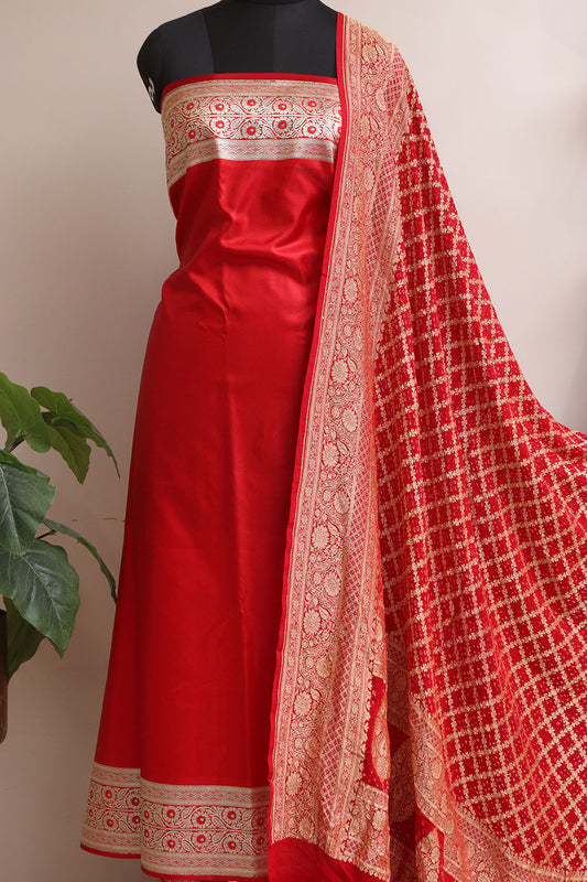 Red Banarasi Mashru Silk Flower Design Suit With Red Banarasi Bandhani Pure Georgette Dupatta - Luxurion World
