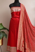 Red Banarasi Mashru Silk Flower Design Suit With Red Banarasi Bandhani Pure Georgette Dupatta - Luxurion World