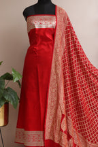 Red Banarasi Mashru Silk Flower Design Suit With Red Banarasi Bandhani Pure Georgette Dupatta - Luxurion World