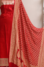 Red Banarasi Mashru Silk Flower Design Suit With Red Banarasi Bandhani Pure Georgette Dupatta - Luxurion World
