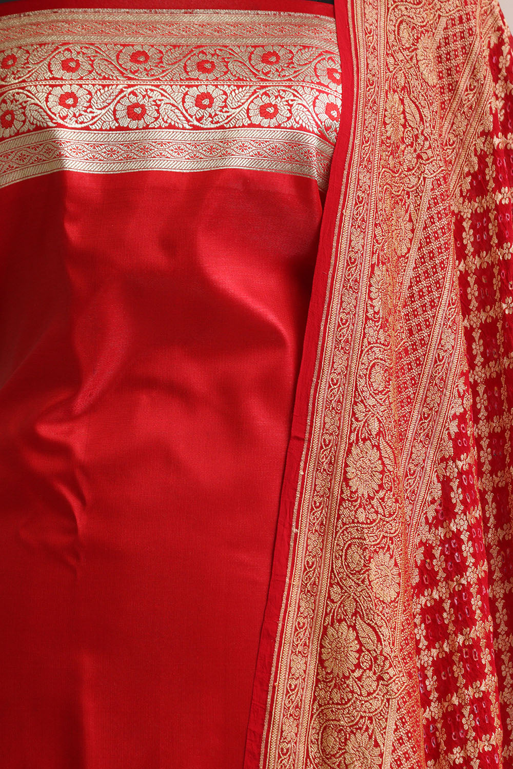 Red Banarasi Mashru Silk Flower Design Suit With Red Banarasi Bandhani Pure Georgette Dupatta - Luxurion World