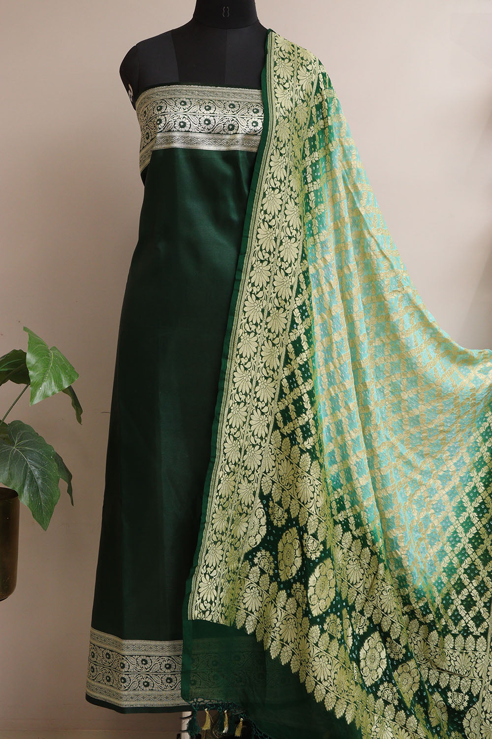 Green Banarasi Mashru Silk Flower Design Suit With Blue & Green Banarasi Bandhani Pure Georgette Dupatta - Luxurion World