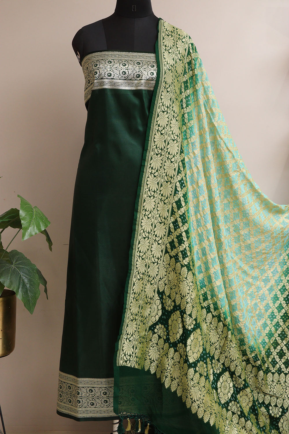 Green Banarasi Mashru Silk Flower Design Suit With Blue & Green Banarasi Bandhani Pure Georgette Dupatta - Luxurion World