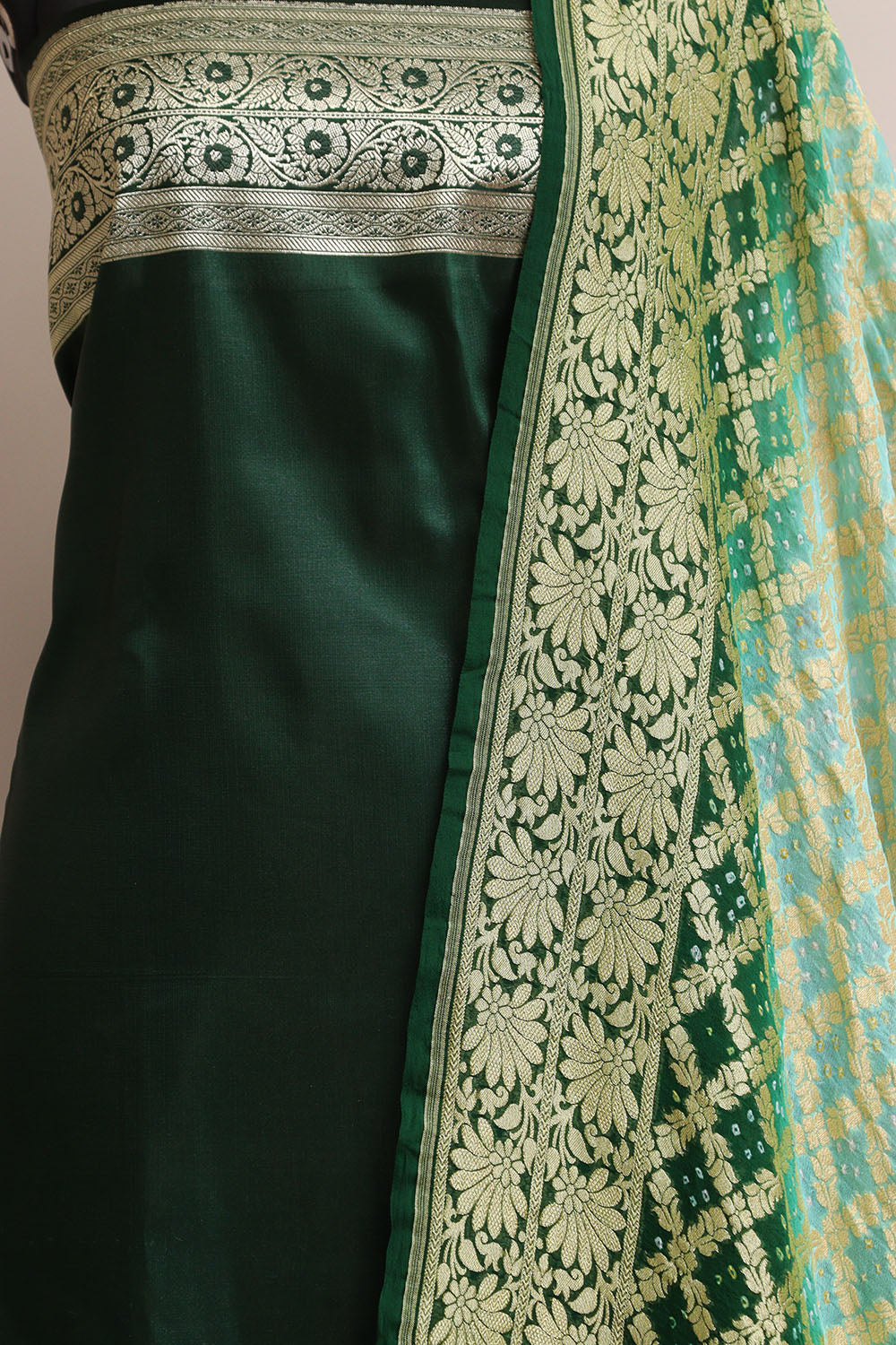 Green Banarasi Mashru Silk Flower Design Suit With Blue & Green Banarasi Bandhani Pure Georgette Dupatta - Luxurion World