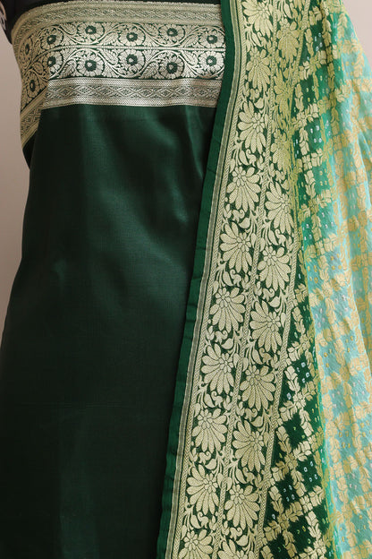 Green Banarasi Mashru Silk Flower Design Suit With Blue & Green Banarasi Bandhani Pure Georgette Dupatta - Luxurion World