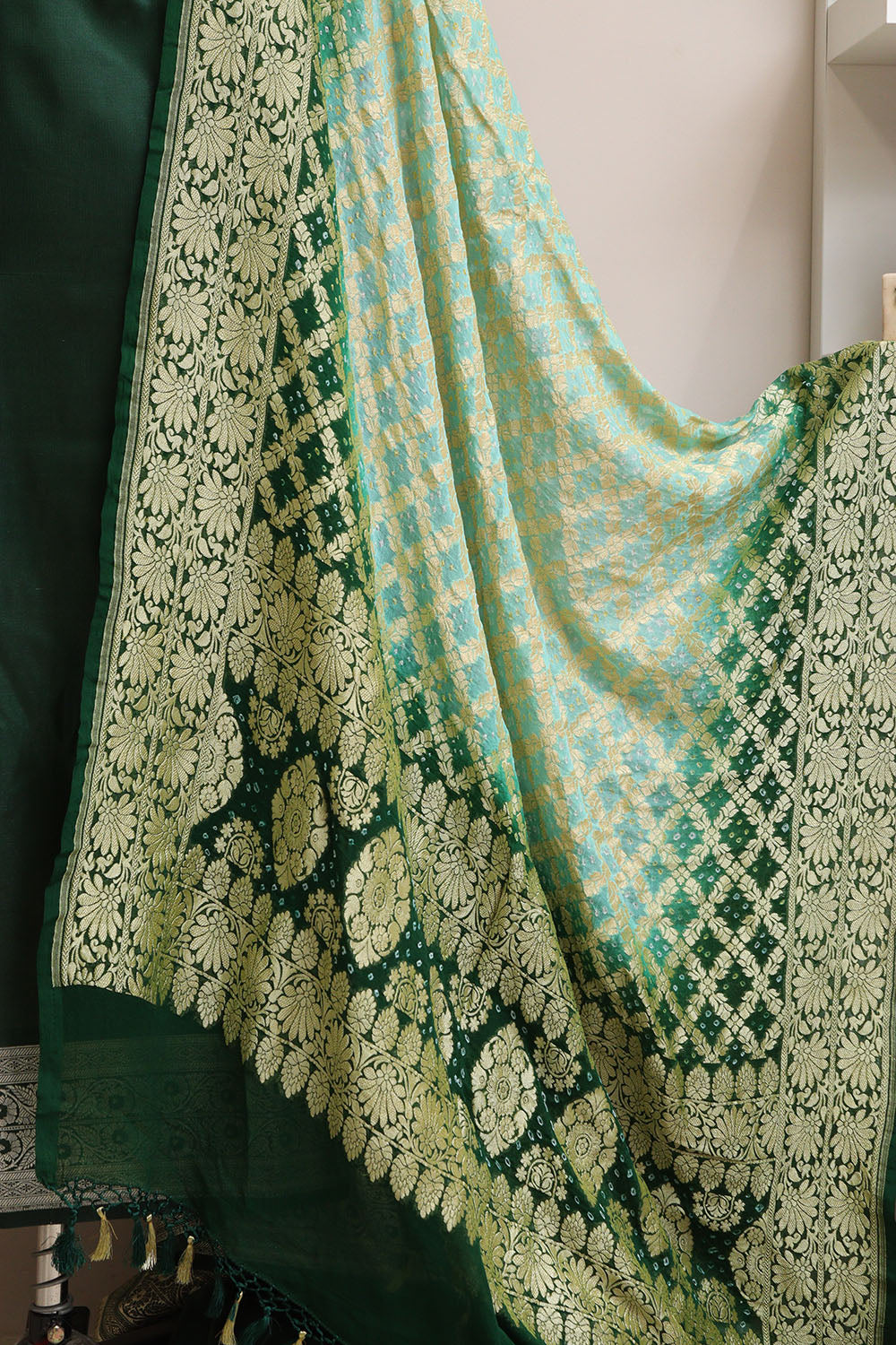 Green Banarasi Mashru Silk Flower Design Suit With Blue & Green Banarasi Bandhani Pure Georgette Dupatta - Luxurion World