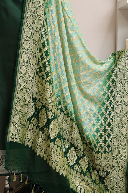 Green Banarasi Mashru Silk Flower Design Suit With Blue & Green Banarasi Bandhani Pure Georgette Dupatta - Luxurion World