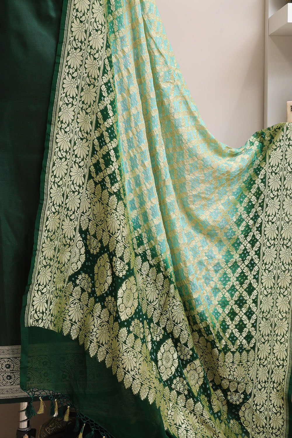 Green Banarasi Mashru Silk Flower Design Suit With Blue & Green Banarasi Bandhani Pure Georgette Dupatta - Luxurion World