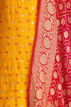 Yellow Banarasi Hand Bandhej Pure Chiniya Silk Suit With Pink Banarasi Bandhani Pure Georgette Dupatta - Luxurion World