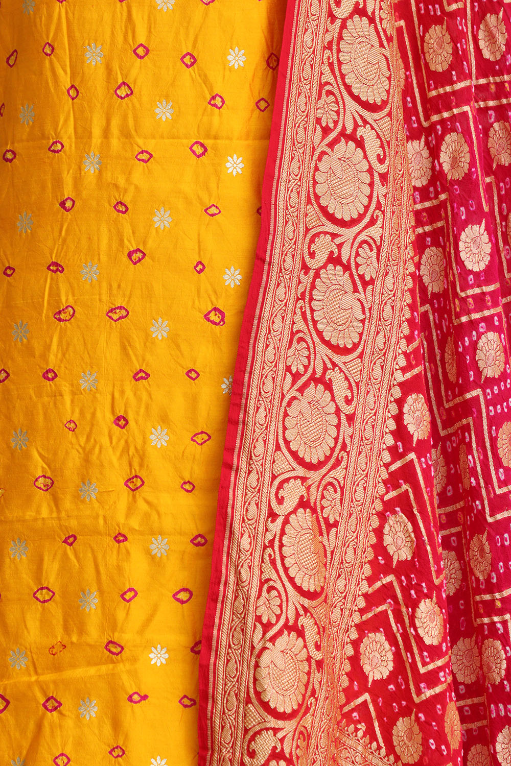 Yellow Banarasi Hand Bandhej Pure Chiniya Silk Suit With Pink Banarasi Bandhani Pure Georgette Dupatta - Luxurion World