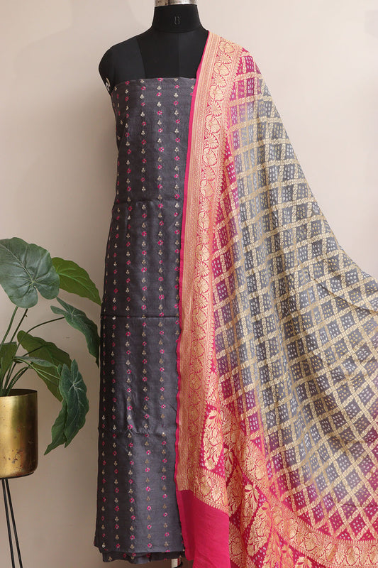 Elegant Grey Banarasi Bandhani Handloom Chiniya Silk Suit With Grey & Pink Banarasi Bandhani Pure Georgette Dupatta - Luxurion World