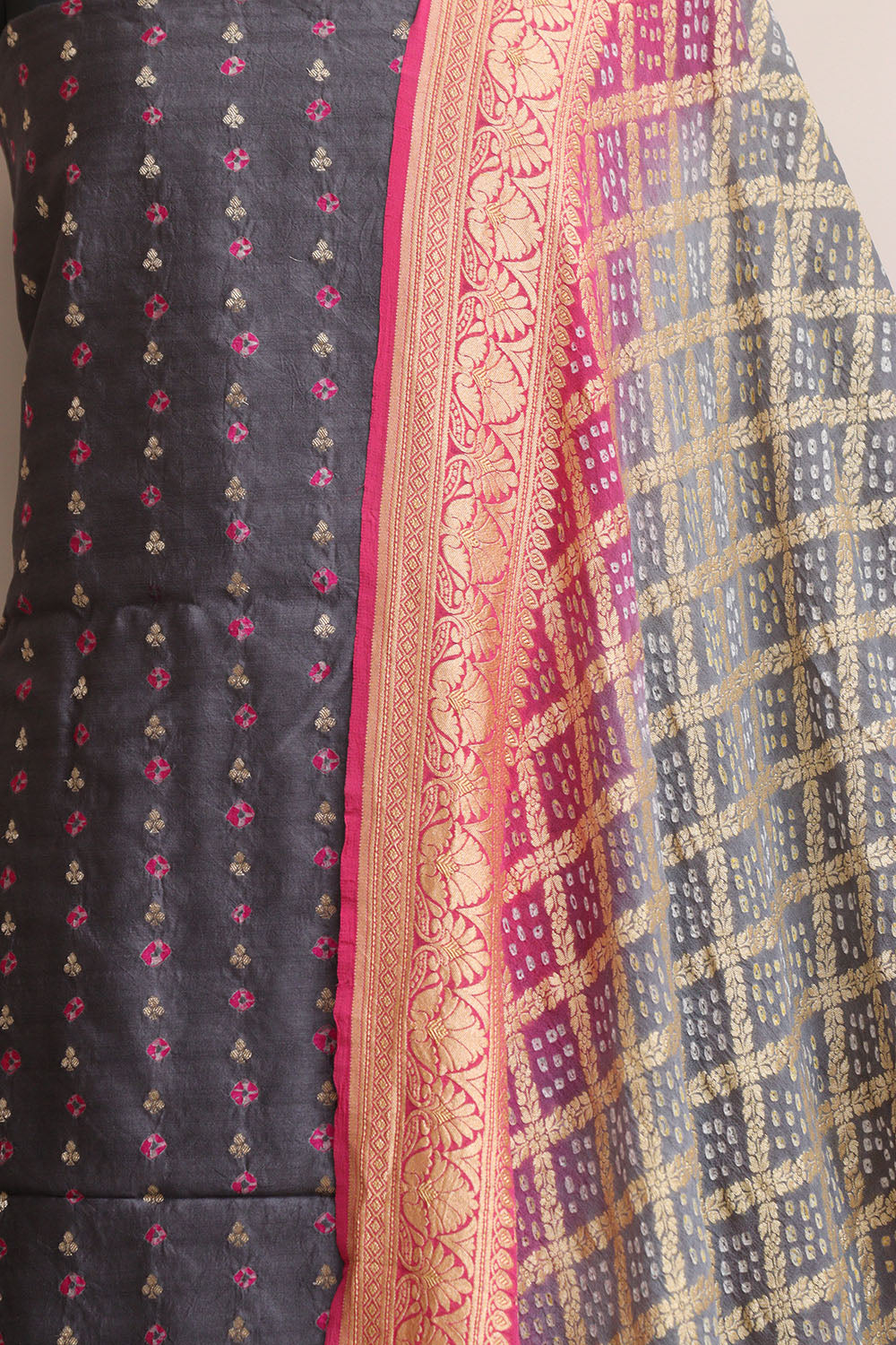 Elegant Grey Banarasi Bandhani Handloom Chiniya Silk Suit With Grey & Pink Banarasi Bandhani Pure Georgette Dupatta - Luxurion World