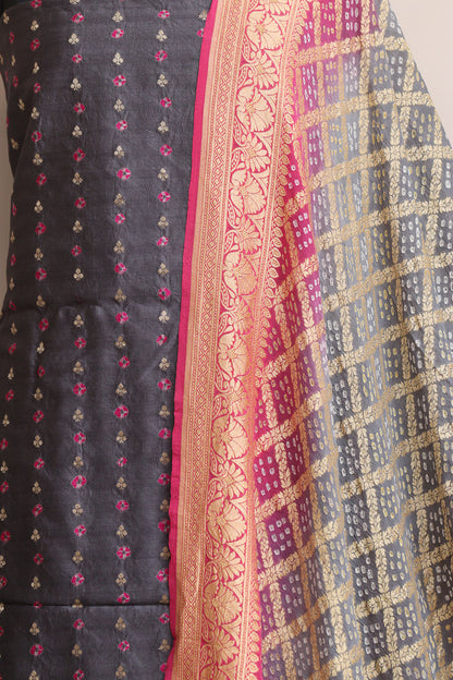 Elegant Grey Banarasi Bandhani Handloom Chiniya Silk Suit With Grey & Pink Banarasi Bandhani Pure Georgette Dupatta - Luxurion World
