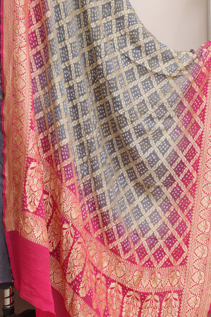 Elegant Grey Banarasi Bandhani Handloom Chiniya Silk Suit With Grey & Pink Banarasi Bandhani Pure Georgette Dupatta - Luxurion World